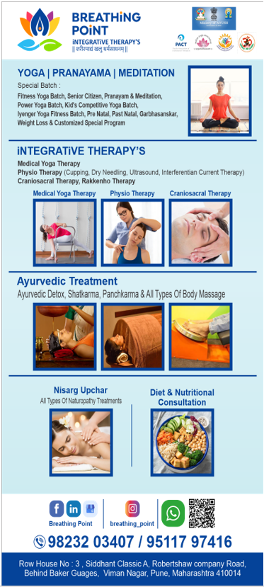 Breathing Point services: yoga, integrative therapies, Ayurvedic treatment, Nisarg Upchar and diet consultation